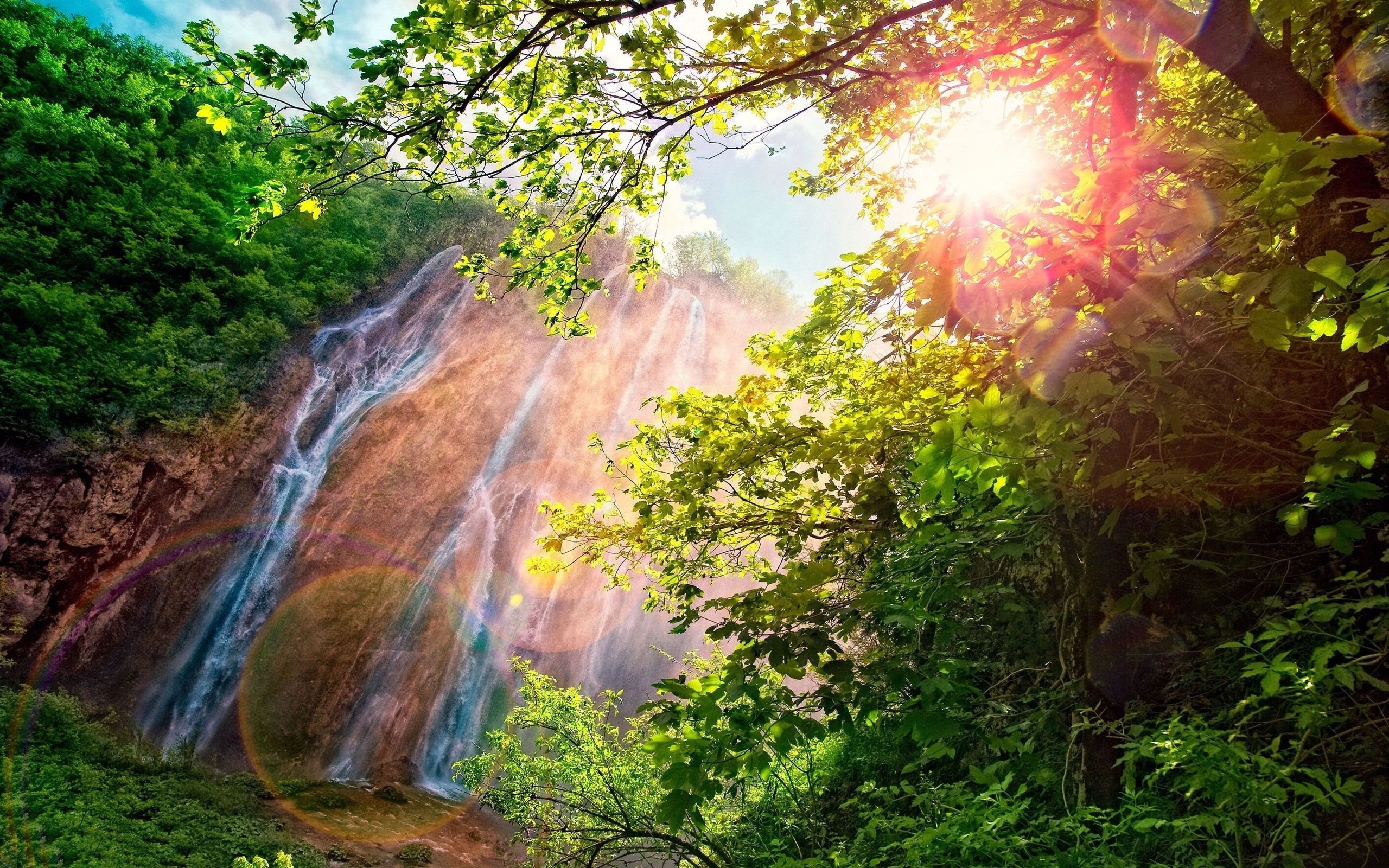 forest, Waterfall, Sunlight, Nature, Landscape, Trees, Branch, Lens