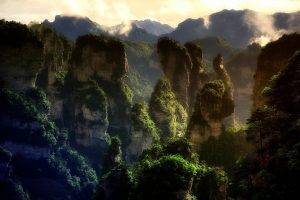 nature, Landscape, Mountain, Forest, Sunset, Mist, Limestone, Rock, China, Avatar, World Heritage Site, Trees
