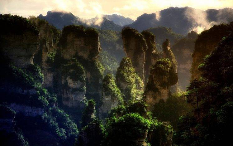nature, Landscape, Mountain, Forest, Sunset, Mist, Limestone, Rock, China, Avatar, World Heritage Site, Trees HD Wallpaper Desktop Background