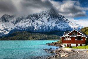 nature, Landscape, Mountain, House, Lake, Clouds, Chile, Snowy Peak, Grass, Turquoise, Water, Shrubs