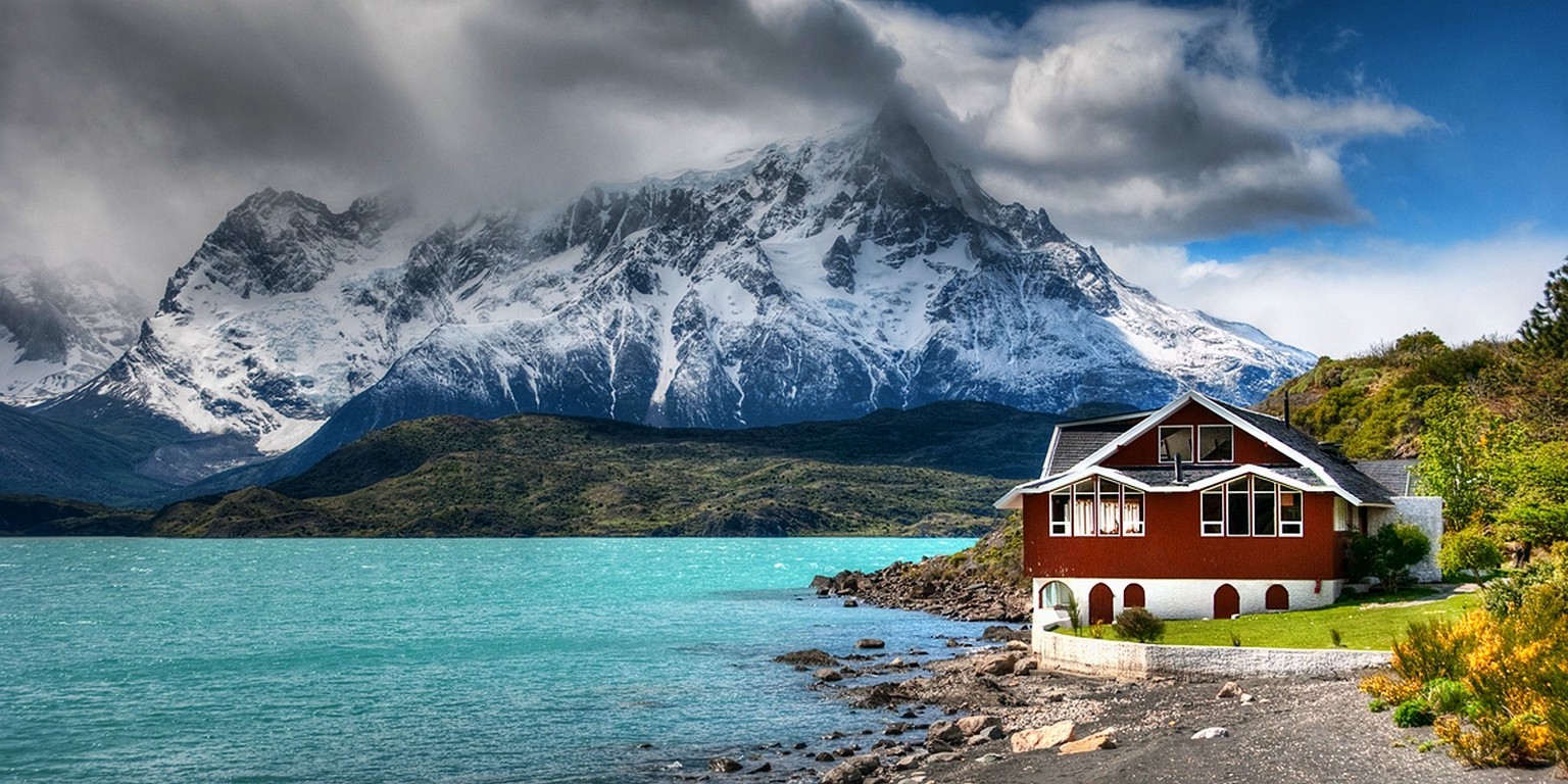 nature, Landscape, Mountain, House, Lake, Clouds, Chile, Snowy Peak, Grass, Turquoise, Water, Shrubs Wallpaper