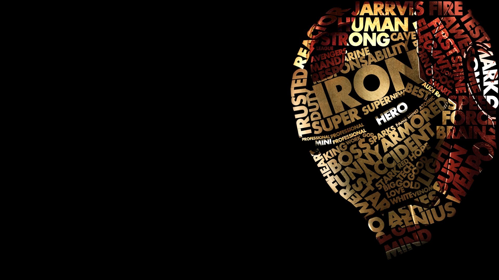 Iron Man, Black Background, Superhero, Typographic Portraits, Typography Wallpaper