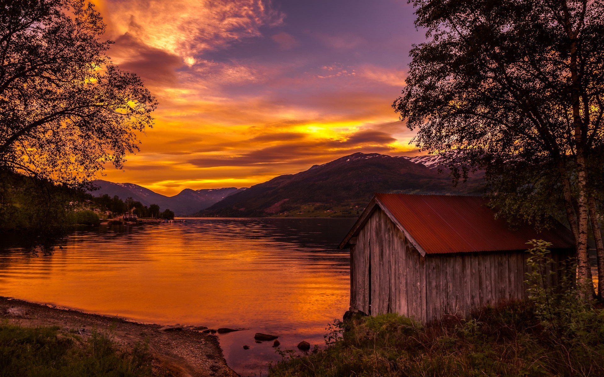 nature, Landscape, Boathouses, Lake, Sunset, Norway, Trees, Mountain, Sky, Clouds, Shrubs, Water, Gold Wallpaper