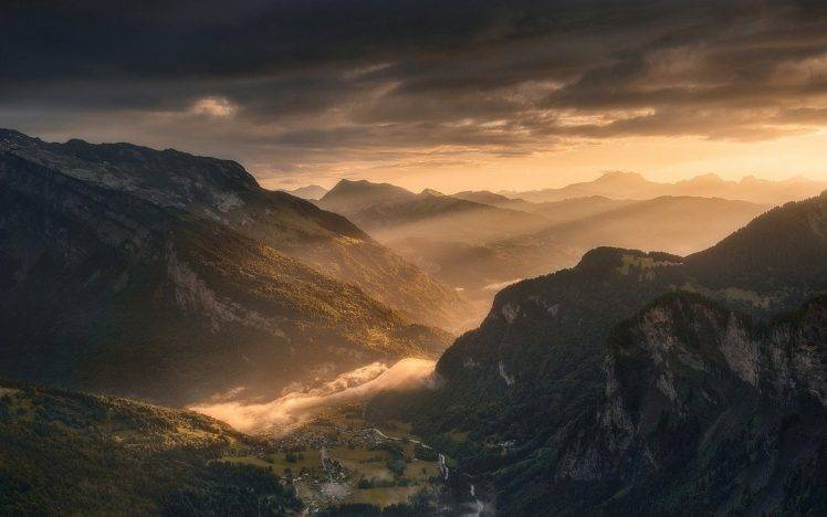 nature, Landscape, Mountain, Valley, Mist, Clouds, Village, Sun Rays, France, Sky, Sunrise, Forest HD Wallpaper Desktop Background