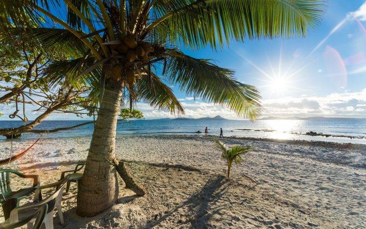 nature, Landscape, Palm Trees, Beach, Sand, Sea, Sun Rays, Summer, Tropical, Clouds, Island HD Wallpaper Desktop Background