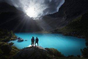 lake, Sunrise, Mountain, Hiking, Italy, Alps, Nature, Turquoise, Water, Clouds, Shrubs, Sun Rays, Summer, Landscape, Sky