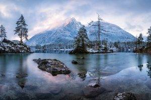 lake, Mountain, Sunrise, Nature, Trees, Frost, Snow, Forest, Landscape, Island, Rock, Winter, Water