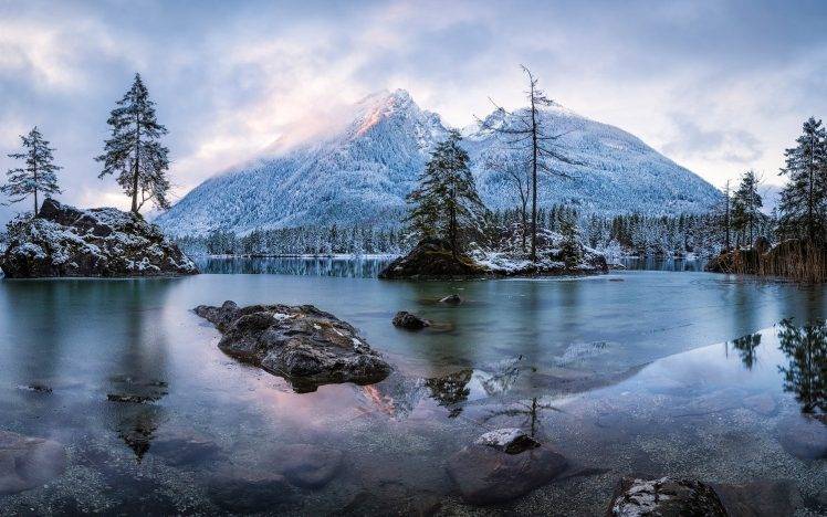 lake, Mountain, Sunrise, Nature, Trees, Frost, Snow, Forest, Landscape, Island, Rock, Winter, Water HD Wallpaper Desktop Background