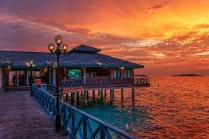 Maldives, Restaurant, Sunset, Sea, Tropical, Sky, Walkway, Clouds, Fence, Water, Colorful, Nature, Landscape, Summer