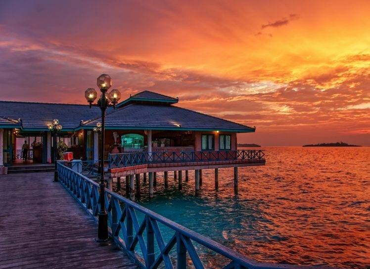 Maldives, Restaurant, Sunset, Sea, Tropical, Sky, Walkway, Clouds, Fence, Water, Colorful, Nature, Landscape, Summer HD Wallpaper Desktop Background
