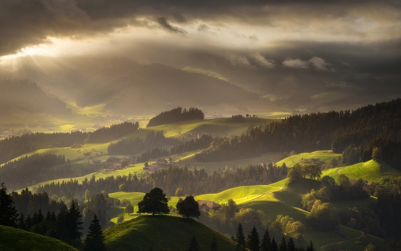 Switzerland, Landscape, Forest, Mist, Nature, Mountain, Villages, Sun Rays, Clouds, Spring, Green Wallpaper