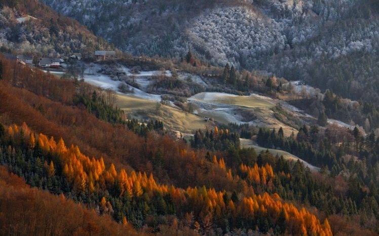 landscape, Nature, Forest, Village, Mountain, Fall, Frost, Trees, Morning HD Wallpaper Desktop Background