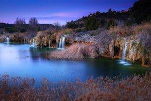 landscape, Nature, Evening, Lake, Waterfall, Hill, Village, Trees, Shrubs, Spain