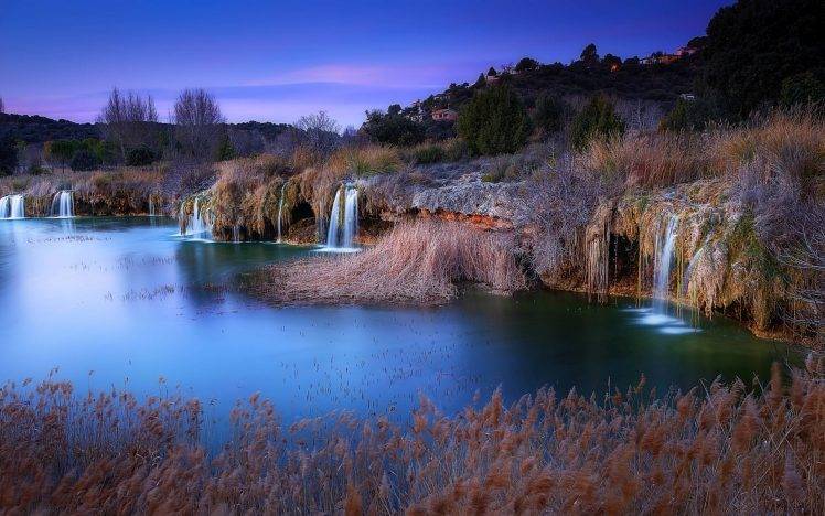 landscape, Nature, Evening, Lake, Waterfall, Hill, Village, Trees, Shrubs, Spain HD Wallpaper Desktop Background