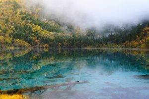 landscape, Nature, Lake, Mountain, Forest, Mist, Fall, Turquoise, Water, Reflection, China, Trees