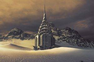 Chrysler Building, Mountain, Snow, Morning, Clouds, Disaster, Apocalyptic, World, Photo Manipulation, Sunrise, Nature, Landscape
