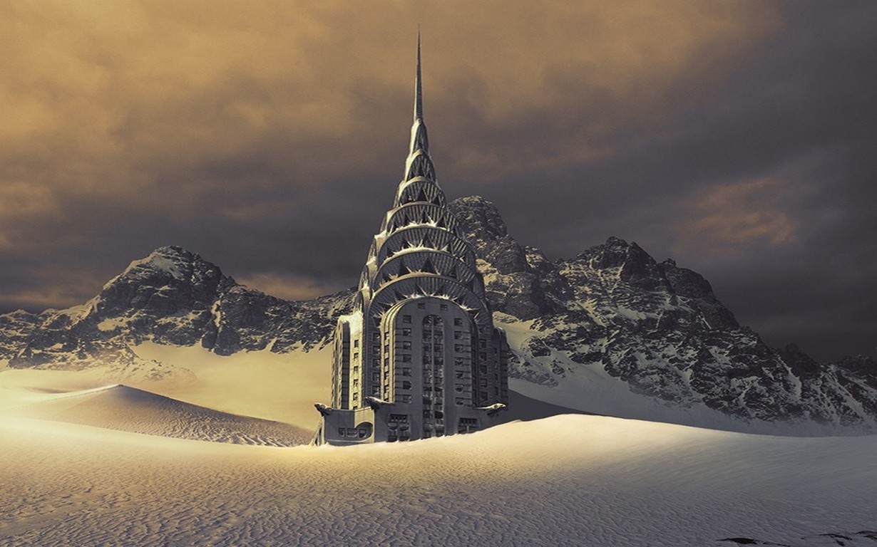 Chrysler Building, Mountain, Snow, Morning, Clouds, Disaster, Apocalyptic, World, Photo Manipulation, Sunrise, Nature, Landscape Wallpaper