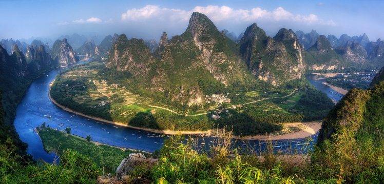 panoramas, River, Mountain, Villages, China, Field, Road, Boat, Nature, Landscape, Shrubs, Clouds, Sunset, Water, Blue, Green HD Wallpaper Desktop Background