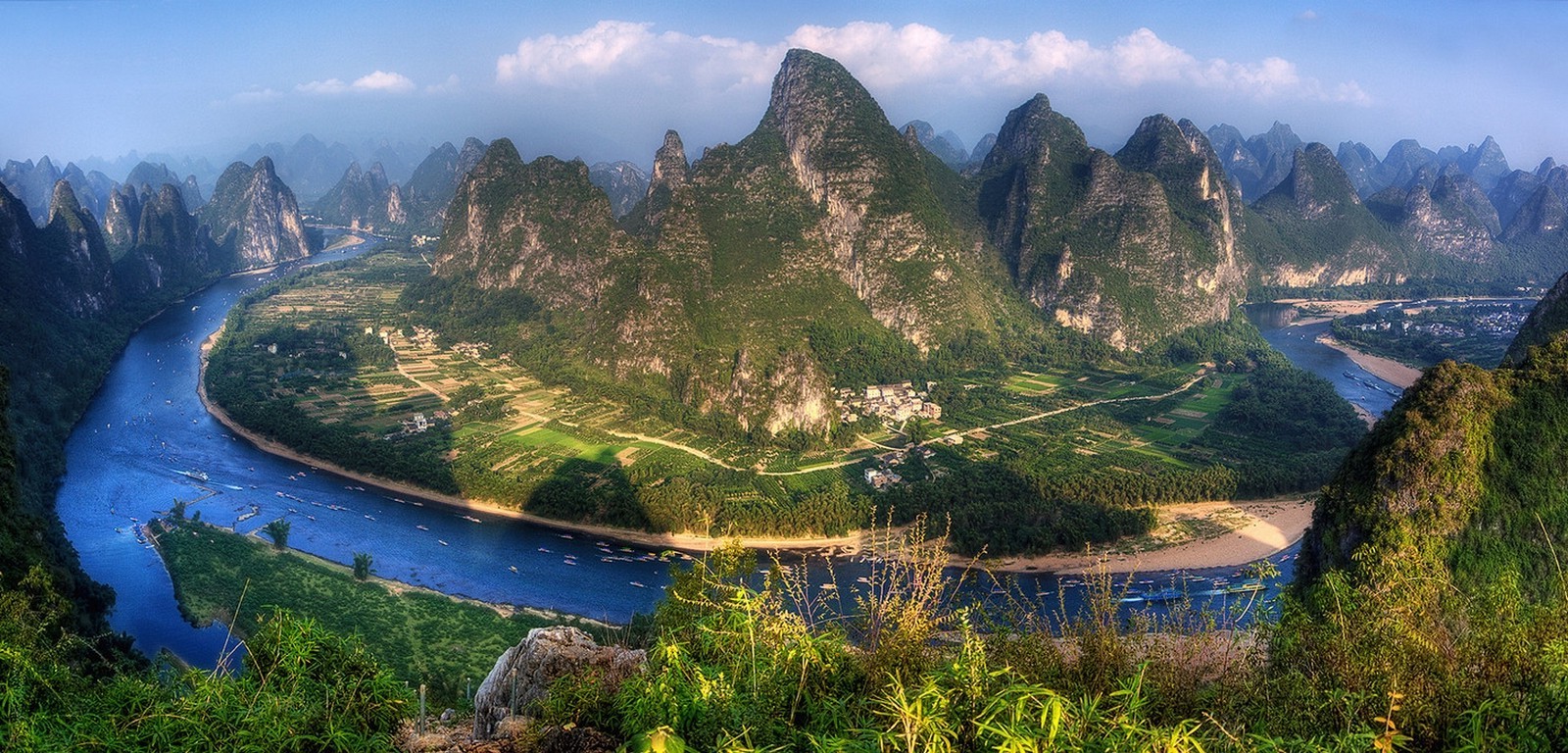 panoramas, River, Mountain, Villages, China, Field, Road, Boat, Nature, Landscape, Shrubs, Clouds, Sunset, Water, Blue, Green Wallpaper