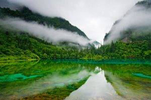 Jiuzhaigou Nature Reserve, China, Lake, Clear Water, Trees, Mountain, Clouds, Five Colored Lake, Landscape