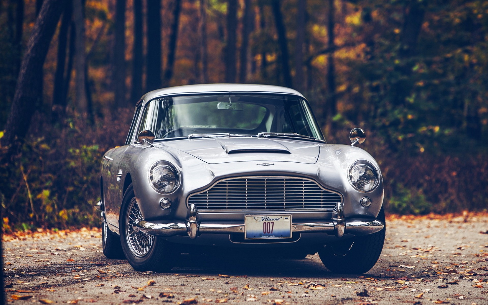 car, Aston Martin, Aston Martin DB5, Fall, Road, Forest, 007, James Bond, Leaves Wallpaper
