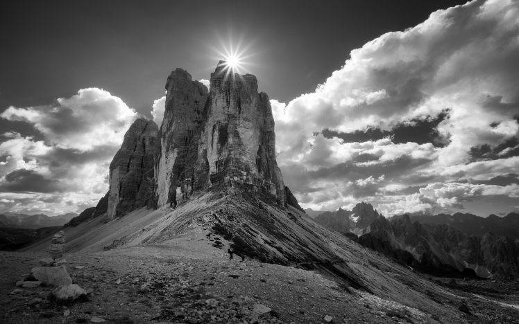 landscape, Nature, Summer, Mountain, Monochrome, Clouds, Sun Rays, Alps, Italy HD Wallpaper Desktop Background