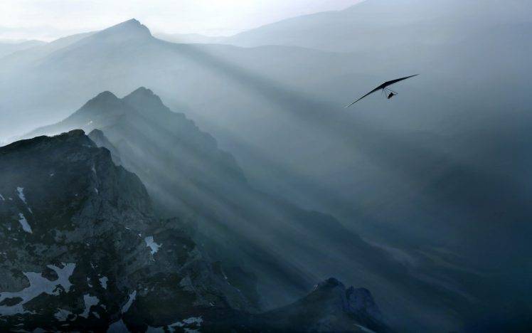 nature, Landscape, Mist, Sports, Flying, Delta Wing, Air, Mountain, Sunrise, Sun Rays HD Wallpaper Desktop Background