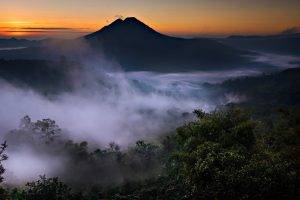nature, Landscape, Mist, Mountain, Valley, Volcano, Forest, Sunrise, Bali, Indonesia