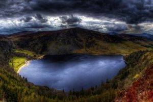 nature, Landscape, Lake, Clouds, Mountain, Ireland, Forest, Grass, Water, Dark, Blue, HDR