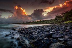 nature, Landscape, Beach, Australia, Sunset, Clouds, Sea, Rock, Trees, Sky, Sand, Coast, HDR, Long Exposure