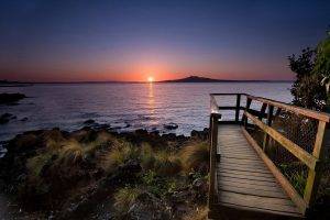 nature, Landscape, Island, Sunset, Walkway, Coast, Sea, New Zealand, Shrubs, Water
