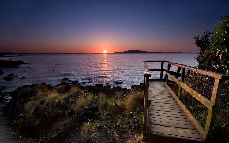 nature, Landscape, Island, Sunset, Walkway, Coast, Sea, New Zealand, Shrubs, Water HD Wallpaper Desktop Background
