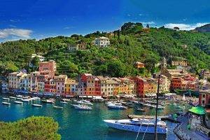 city, Cityscape, Landscape, Sea, Boat, Building, Forest, Bay, Portofino, Italy, Colorful