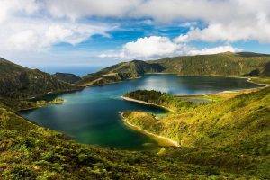 nature, Landscape, Lake, Island, Azores, Clouds, Portugal, Water, Shrubs, Green, Trees, Sea