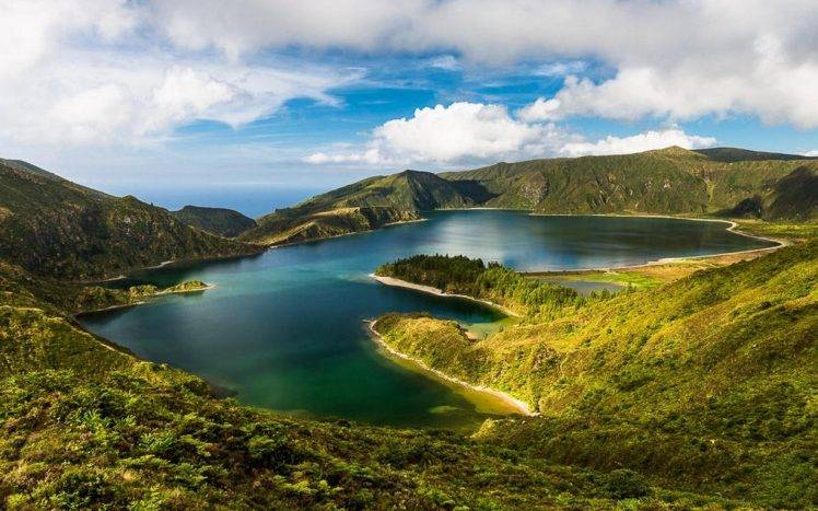 nature, Landscape, Lake, Island, Azores, Clouds, Portugal, Water, Shrubs, Green, Trees, Sea HD Wallpaper Desktop Background