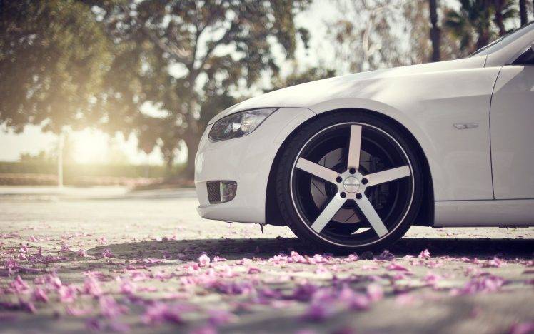 car, White Cars, Depth Of Field, Petals, Sunlight, BMW 3 Series, BMW HD Wallpaper Desktop Background