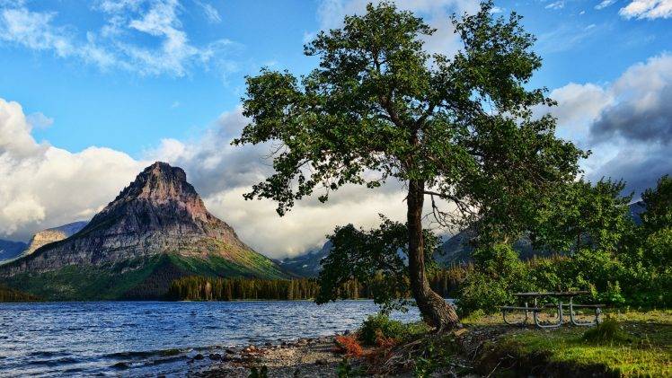 nature, Landscape, Mountain, Water, Lake, Trees, Montana, USA, Glacier National Park, Bench, Clouds, Forest, Hill HD Wallpaper Desktop Background
