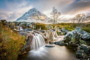 nature, Landscape, Mountain, Water, Lake, Trees, Scotland, UK, Rock, Waterfall, Clouds, Snow, Snowy Peak, Long Exposure