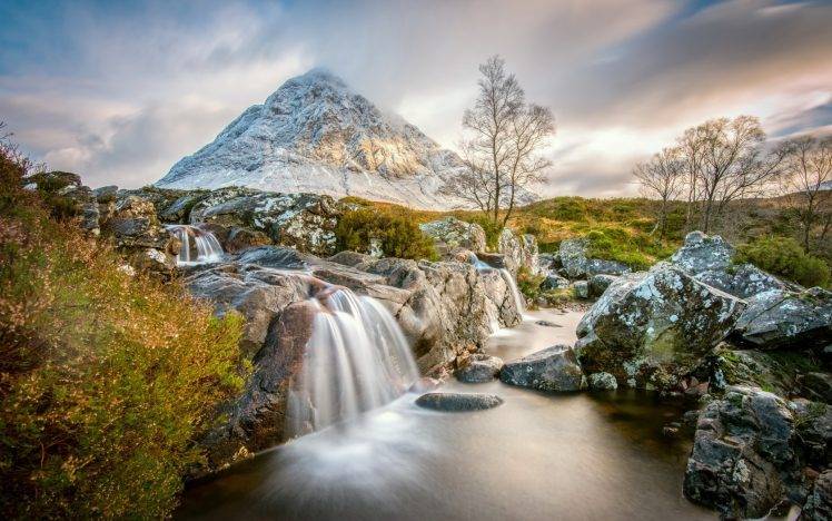 nature, Landscape, Mountain, Water, Lake, Trees, Scotland, UK, Rock, Waterfall, Clouds, Snow, Snowy Peak, Long Exposure HD Wallpaper Desktop Background