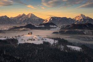nature, Landscape, Sunrise, Village, Mountain, Forest, Mist, Winter, Snowy Peak, Slovenia