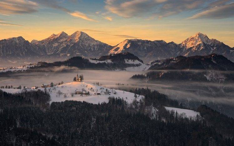 nature, Landscape, Sunrise, Village, Mountain, Forest, Mist, Winter, Snowy Peak, Slovenia HD Wallpaper Desktop Background
