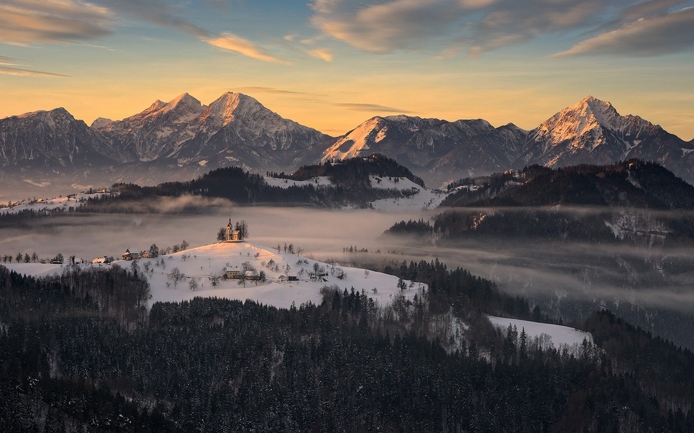 nature, Landscape, Sunrise, Village, Mountain, Forest, Mist, Winter, Snowy Peak, Slovenia Wallpaper