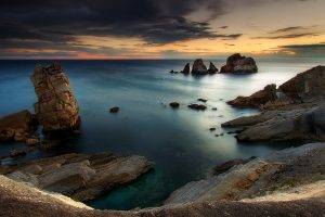 nature, Landscape, Sunset, Sea, Coast, Rock, Clouds, Blue, Sky, Water, Spain