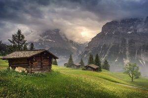 nature, Landscape, Mountain, Hut, Clouds, Trees, Grass, Sunrise, Switzerland, Mist