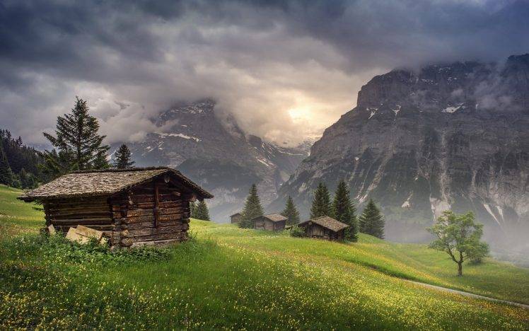 nature, Landscape, Mountain, Hut, Clouds, Trees, Grass, Sunrise, Switzerland, Mist HD Wallpaper Desktop Background