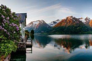 spring, Sunrise, Fjord, Norway, Mountain, House, Flowers, Snowy Peak, Boat, Sea, Reflection, Nature, Landscape