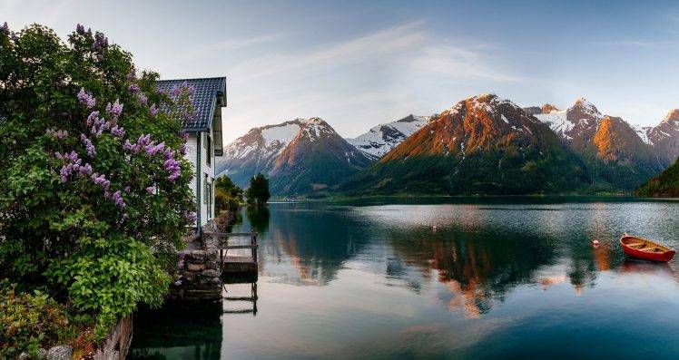 spring, Sunrise, Fjord, Norway, Mountain, House, Flowers, Snowy Peak, Boat, Sea, Reflection, Nature, Landscape HD Wallpaper Desktop Background