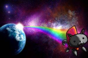 Nyan Cat, Memes, Cat, Planet, Space, Rainbows, Stars, Digital Art
