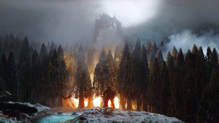 video Games, The Elder Scrolls V: Skyrim, Elder Scrolls, Dragon, Fire, Forest, Trees HD Wallpaper Desktop Background