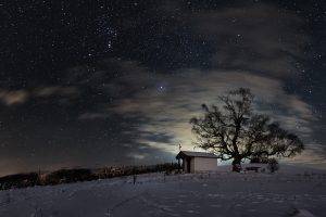 nature, Trees, Forest, Branch, Landscape, Winter, Snow, Clouds, Night, Sky, Stars, Church, Cross, Lights, Hill, Footprints, Bench, Long Exposure
